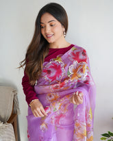 Taffy Pink Printed And Aari Sequence Worked Pure Organza Saree